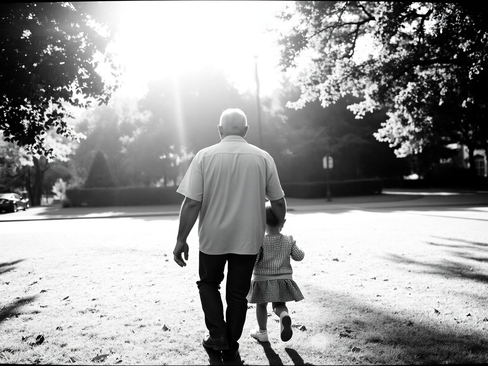 A grandparent walking through a sunlit park, holding a child's hand